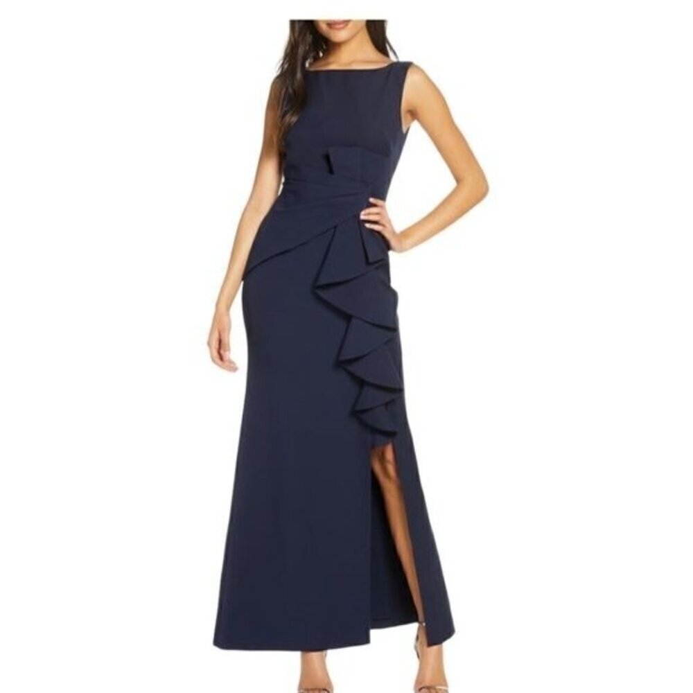 Eliza J Ruffle Front Gown Navy Blue Maxi Dress Women Size 2